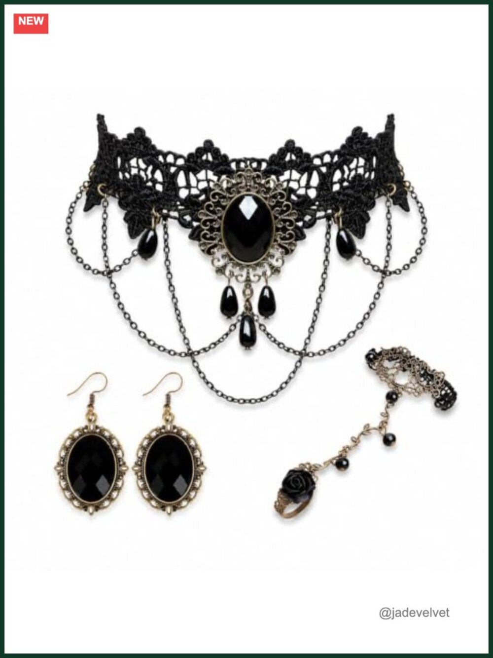 Gothic Lace Choker Earrings Bracelet Ring Set Halloween Costume Jewelry